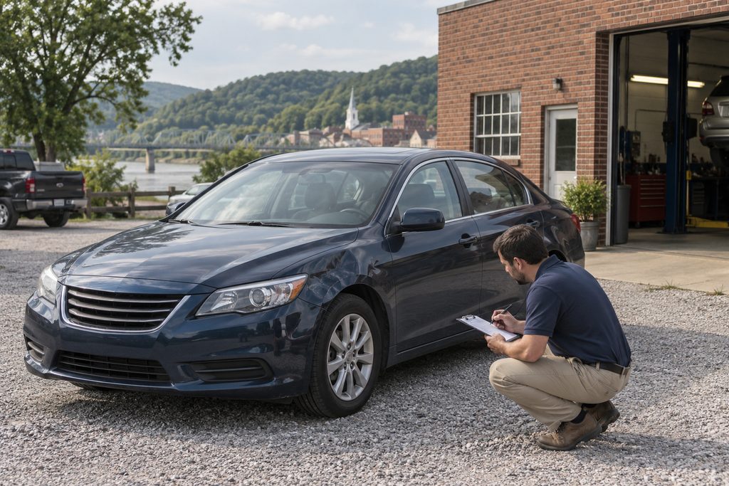 Adjuster photographing a damaged car outside a Kentucky garage