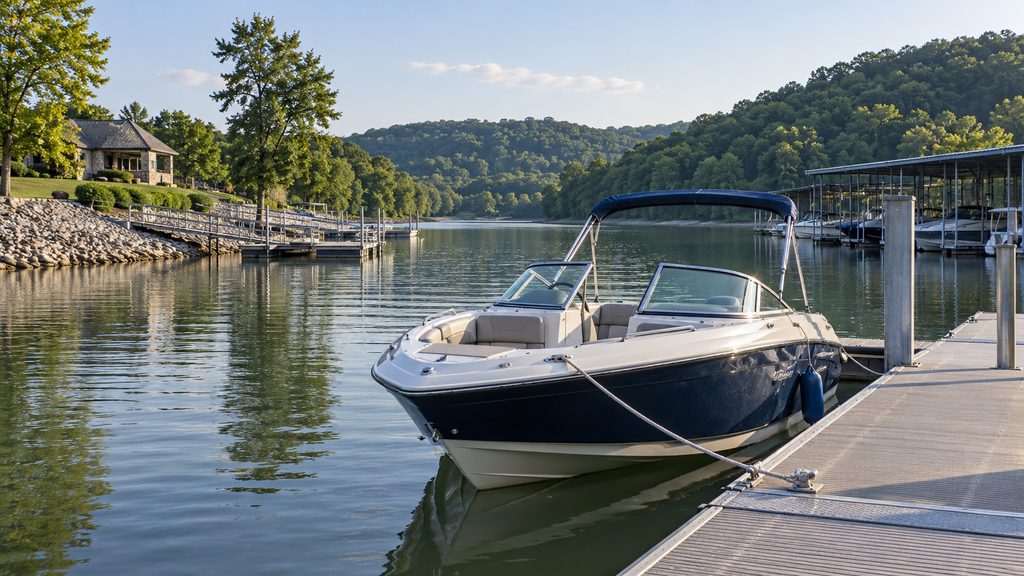 Boat tied up at a dock on a Kentucky lake