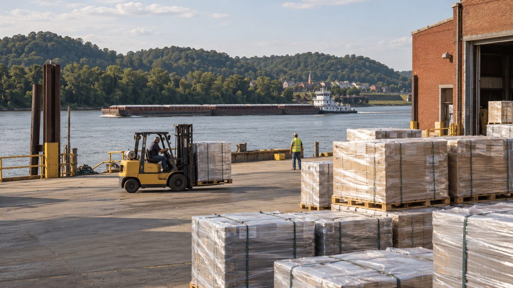 Forklift and palletized cargo on an Ohio River dock