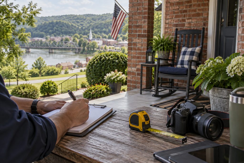 Adjuster taking notes beside a camera and tape measure