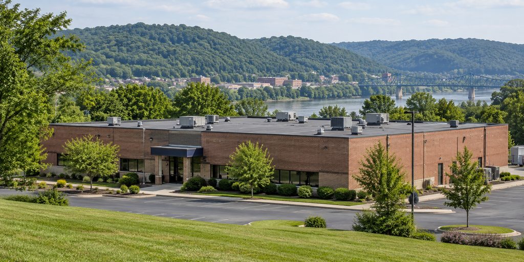 Flat-roof commercial building with river hills behind