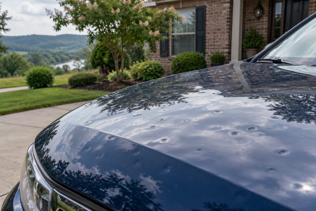 Hail dents on the hood of a dark car