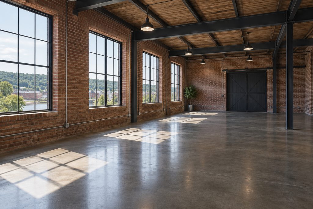 Empty brick commercial loft with large windows