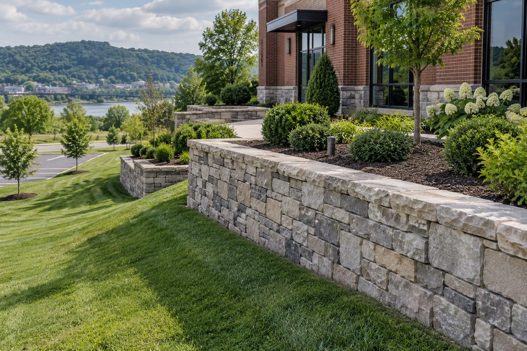 Limestone retaining wall beside a brick commercial building