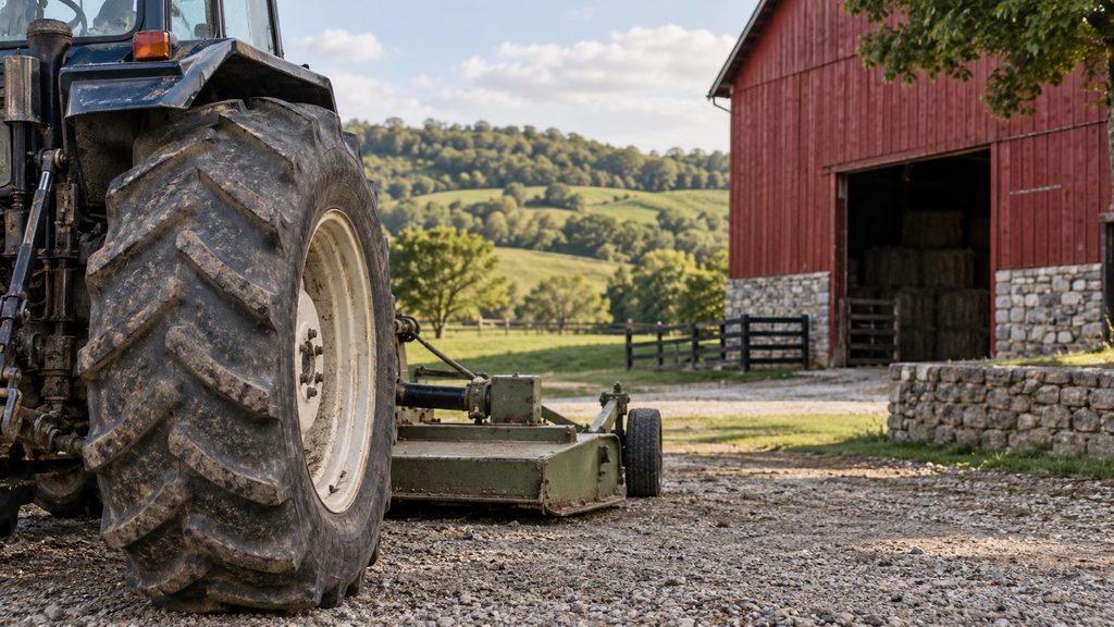 Farm tractor and mower beside a red barn