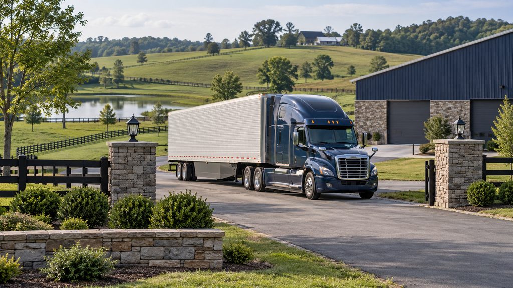 Semi truck on a farm road past a stone gate