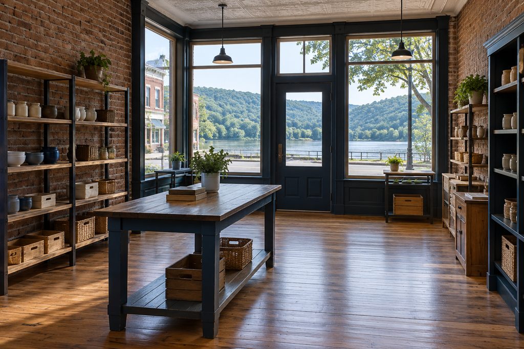 Shop interior with shelves and a long work table