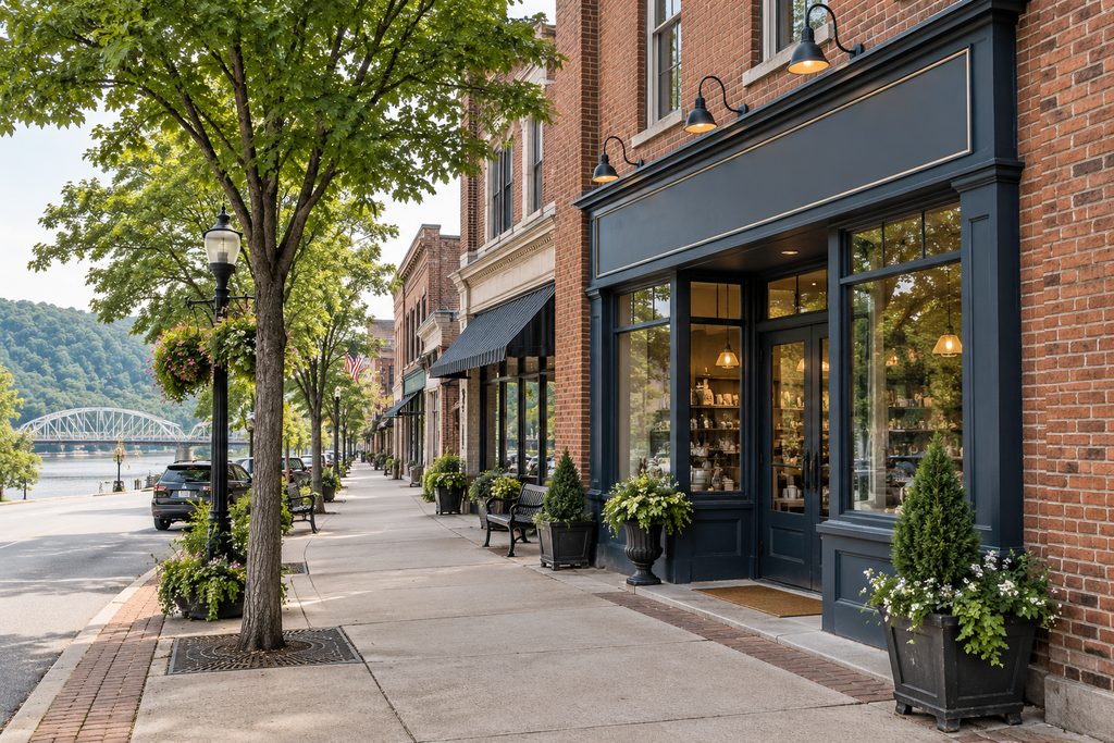 Brick storefronts on a small-town Kentucky street