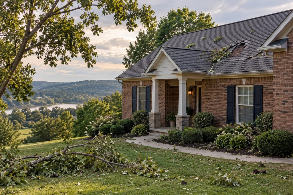 Brick home in Kentucky with a fallen limb and storm damage to the roof