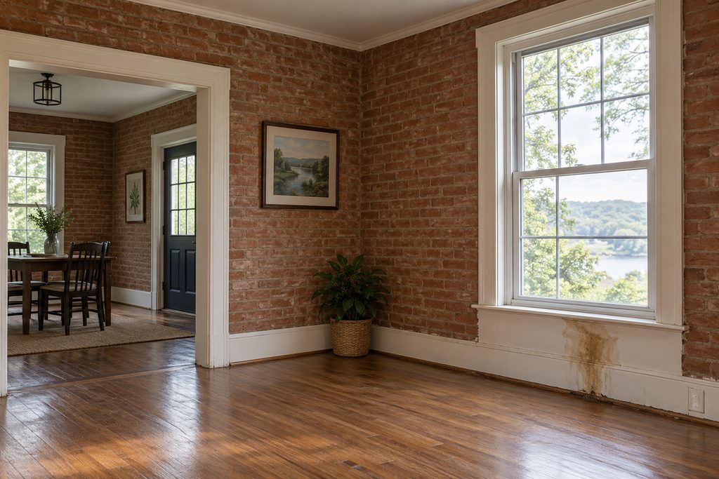 Water damage on the wall and floor of an older brick room